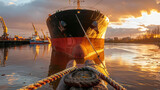 A large docked cargo ship at sunset with a rope in the foreground.