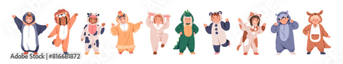 Kids in animal kigurumi onesies. Funny characters disguised in costumes. Happy children wearing dinosaur, kangaroo, lion, cow pajamas, jumpsuits. Flat vector illustration isolated on white background