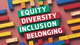 Colored wooden blocks with text Equity Diversity Inclusion Belonging on solid background - diversity awareness - workplace inclusion - social equity campaigns