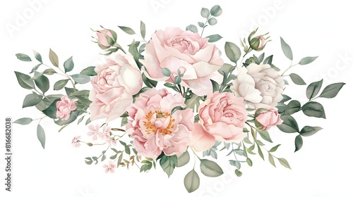 A bouquet of pink flowers with green leaves. The flowers are arranged in a way that they do not overlap each othe