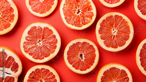 Many grapefruit slices on red background top view