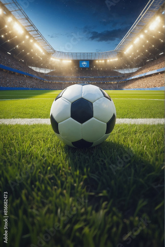 soccer ball on turf inside a stadium, night game, photo realistic illustration