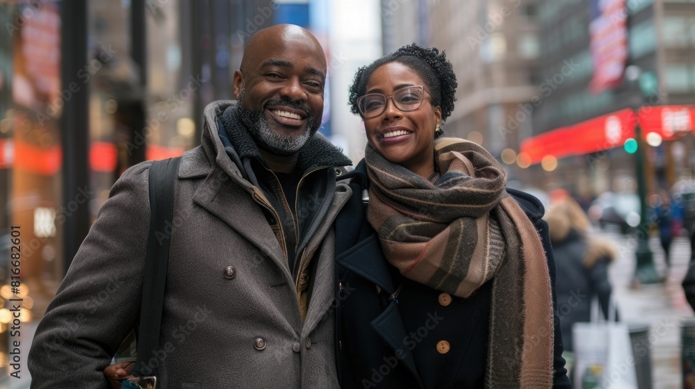 Fototapeta premium Couple s joyful shopping spree in a bustling city center arms linked and bags in hand radiant with excitement and delight