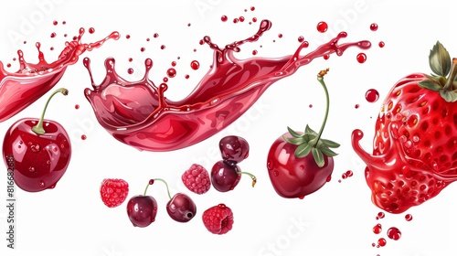 Flowing waves of strawberry, grape, or cherry juice on transparent background. Modern realistic set of liquid waves.