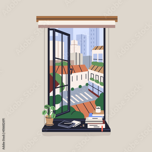 Cityscape view from open window. Look out on old town buildings, skyscrapers, city road. Cozy windowsill with books, candle, potted plant and urban landscape outside. Flat vector illustration