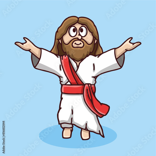 Cartoon style character illustration of god jesus, with a friendly and loving face, suitable for celebrating the ascension of god jesus, Easter, worship service, or spiritual material.