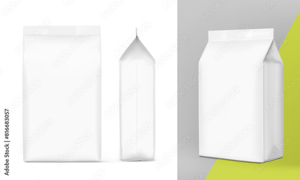 Vertical bag mockup. Flat bottom bag. Front, side, half side view. High realistic. Vector illustration isolated on white background. Ready for use in presentation, promo, advertising and more. EPS10. Vertical bag mockup. Flat bottom bag. Front, side, half side view. High realistic. Vector illustration isolated on white background. Ready for use in presentation, promo, advertising and more. EPS10.