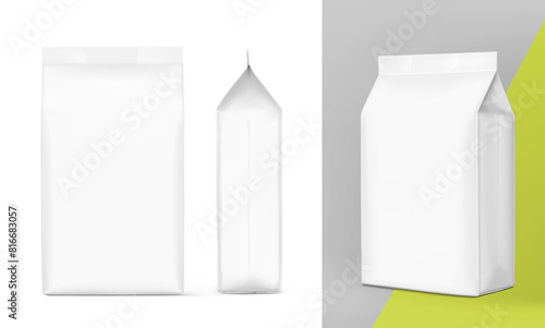 Vertical bag mockup. Flat bottom bag. Front, side, half side view. High realistic. Vector illustration isolated on white background. Ready for use in presentation, promo, advertising and more. EPS10.
