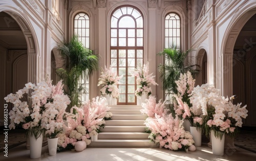 Large bright hall with a staircase and many flowers in pots.