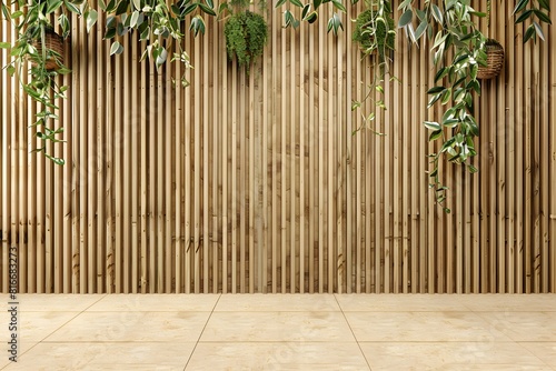 Light wooden wall with plants hanging on it and beige floor  minimalist style  warm color background for blank product presentation 