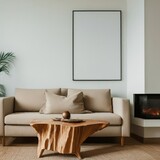Mockup white poster frame on the wall. Wood slab coffee table, sofa with beige pillows near fireplace against white wall with copy space. Scandinavian home interior design of modern living room.