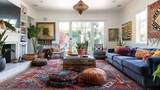 Eclectic Living Room with Colorful Decor and Cozy Furniture in a Bohemian Style, Featuring Various Colors and Light Beige for a Bold and Inviting Home Space