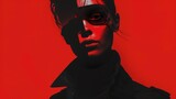 A modern edgy layout for a high-end portrait shoot that combines poster style with elements of contemporary graphic design. Graphic shapes and elements on the model's face, using red and black colors.
