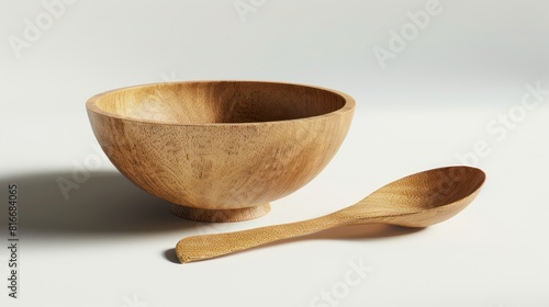 An empty wooden bowl with a spoon placed on the side and a transparent back.