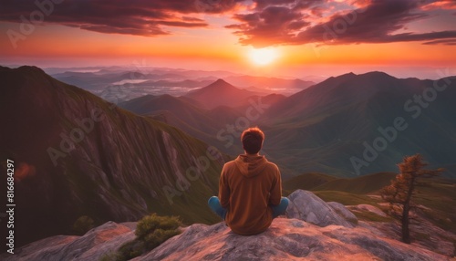 A person meditates at the peak of a mountain  embraced by the warm glow of a serene sunset and expansive views.. AI Generation