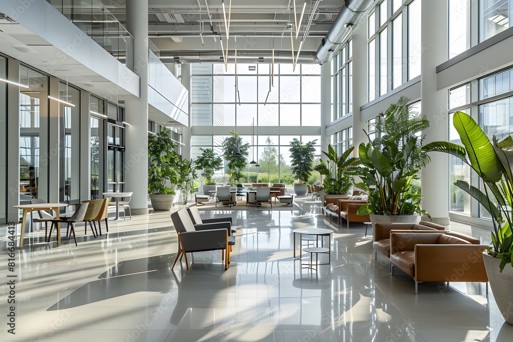 Interior of a modern office building with open-plan design and contemporary furnishings Interior of a modern office building with open-plan design and contemporary furnishings