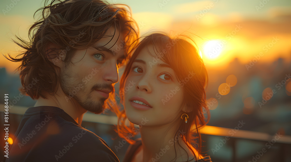 Portrait of an Asian man and woman with pixie bob hairstyle on a city rooftop, The soft backlight and gentle wind create a fashionable, modern look, ideal for editorial and magazine photography. Portrait of an Asian man and woman with pixie bob hairstyle on a city rooftop, The soft backlight and gentle wind create a fashionable, modern look, ideal for editorial and magazine photography.