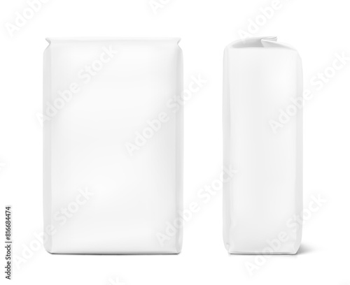 Vertical bag package mockup. Front and side view. Vector illustration isolated on white background. Easy to use for presentation your product, idea, promo, design. EPS10.