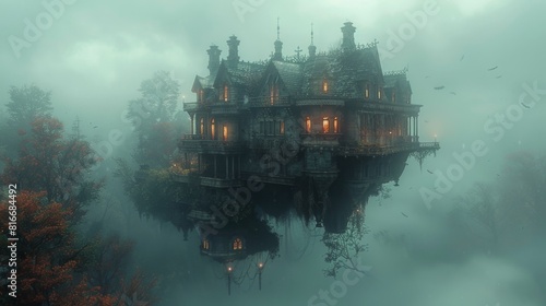 Spooky Haunted House Floating in Eerie Surreal Sky. Creepy, Supernatural, Mysterious Halloween Backdrop for Banner, Wallpaper or Fabric Design，Halloween, a scary house floating in the air © Da
