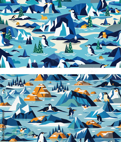 Penguins in glacier pattern background