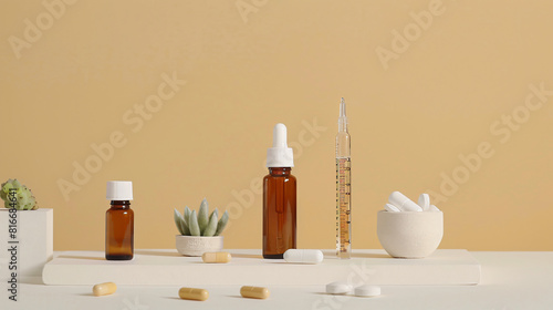Medical ampules and bottle with medicines on beige background