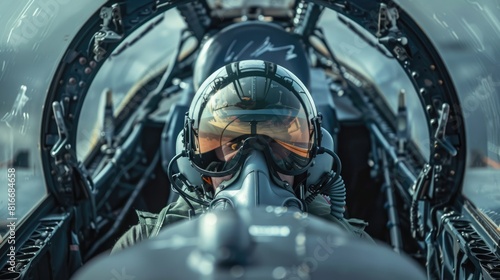 Skilled Fighter Pilot in Full Gear Maneuvering Aircraft with Precision
