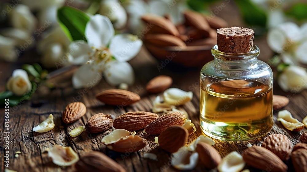 almond oil extract on wooden background. selective focus. Generative AI, almond oil extract on wooden background. selective focus. Generative AI,