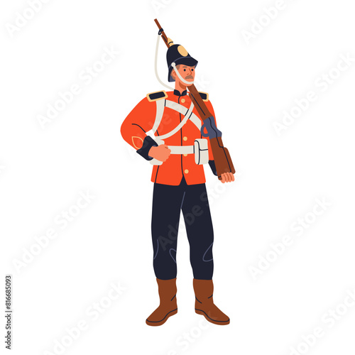 18th, 19th century soldier in military uniform with rifle. Historical English warrior in vintage red jacket with musket. British infantryman. Flat vector illustration isolated on white background