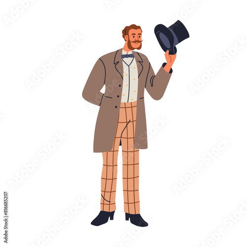 19th century gentleman, noble man tipping hat off, greeting gesture. Elegant aristocrat in Victorian attire, British fashion. Nobleman saying hi. Flat vector illustration isolated on white background