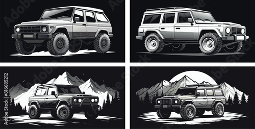 Set of Offroad 4x4 Cars on Mountain Adventure Trails – Extreme Outdoor Expedition Vehicles in Rugged Terrain Landscape Collection