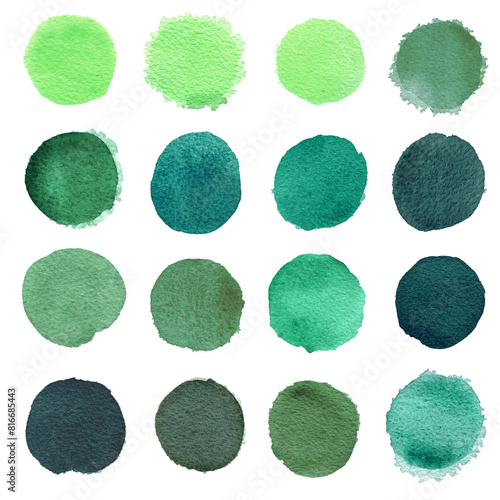 Set of Blue mint watercolor circles isolated on a white background. Watercolour blue, mint, green circles photo