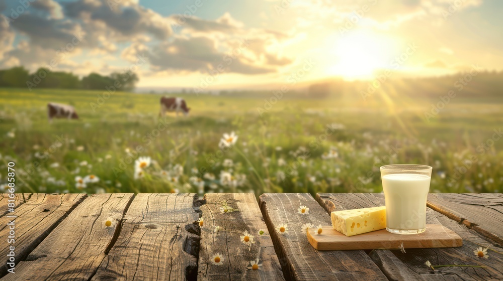 Wooden table with cheese and a glass of milk, there is cheese and there is Cows were grazing in the pasture behind.
