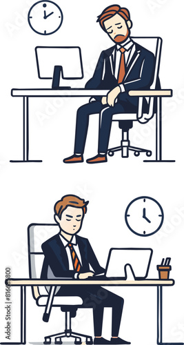 set of Sleepy businessman very tired in workspace