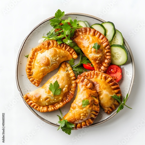 A plate of golden-brown empanadas served with fresh cucumber, tomatoes, and herbs.