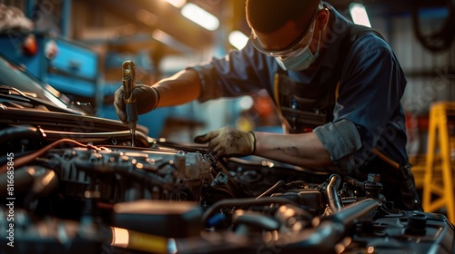 Mechanic repairing an car engine in auto repair service. Car maintenance concept.