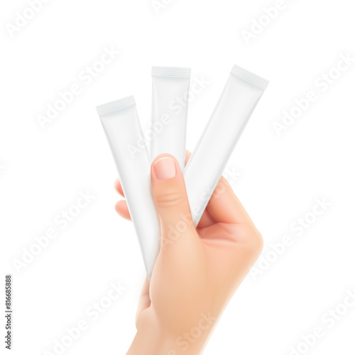 The right hand holds the stick packs. Vector illustration isolated on a white background. Ready for use in presentation, promo, advertising and more. EPS10.