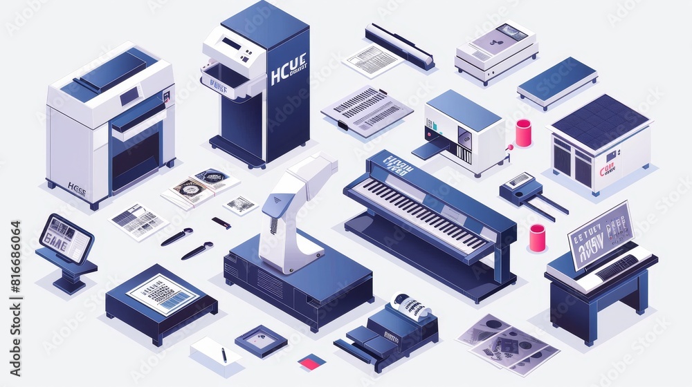 Typography business banner. Modern landing page of printing house with isometric illustration of press equipment, offset, plotter, and computer. Typography business banner. Modern landing page of printing house with isometric illustration of press equipment, offset, plotter, and computer.
