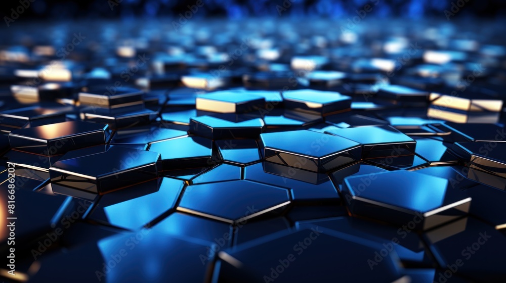 Abstract Technological Hexagonal Background with Blue and Metallic Tiles
