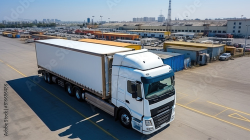 Aerial Top View of White Semi Truck with Cargo on Industrial Warehouse Grounds