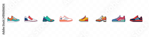 Hand drawn illustrations of running shoes. Sport shoes icon, Sneaker shoe. Athletic sneakers, fitness sport shop footwear, Sniker icon. Shoe icon illustration set