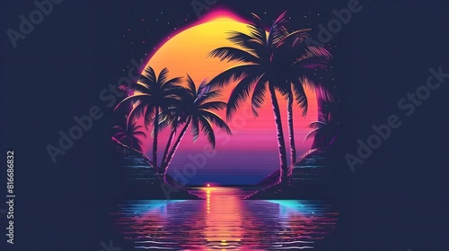 A tropical island with palm trees and a sunset in the background. The colors are bright and vibrant, creating a warm and inviting atmosphere