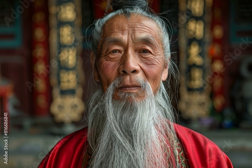 Portrait of a wise elderly asian man with a long white beard, wearing a vibrant red traditional garment