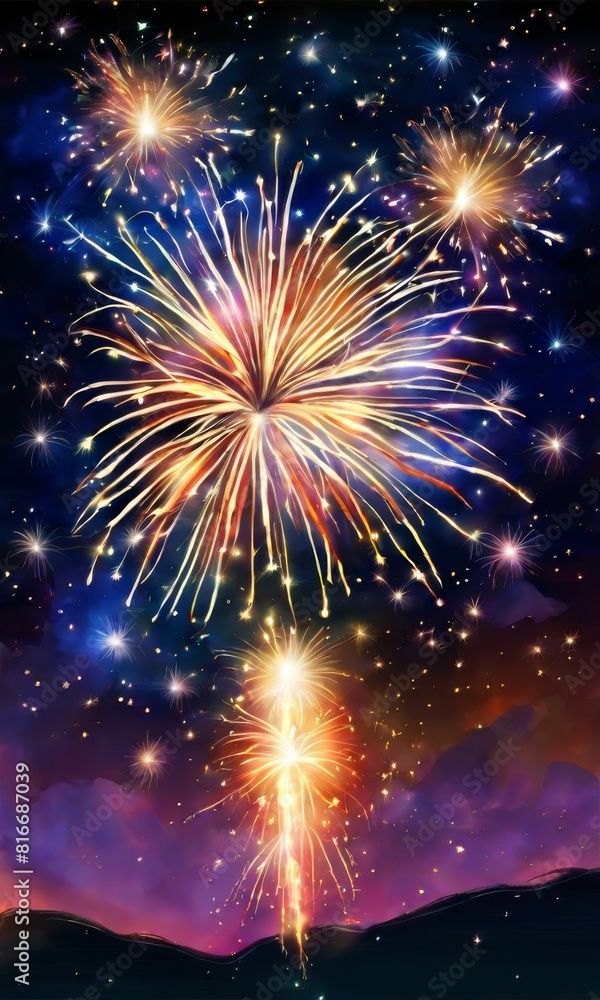 A dazzling fireworks display bursts with vibrant colors against the night sky over a silhouette of hills.. AI Generation