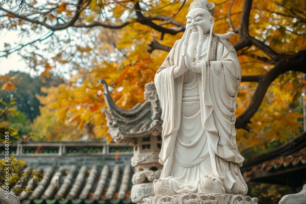 Serene statue of a wise sage surrounded by vibrant fall foliage Serene statue of a wise sage surrounded by vibrant fall foliage