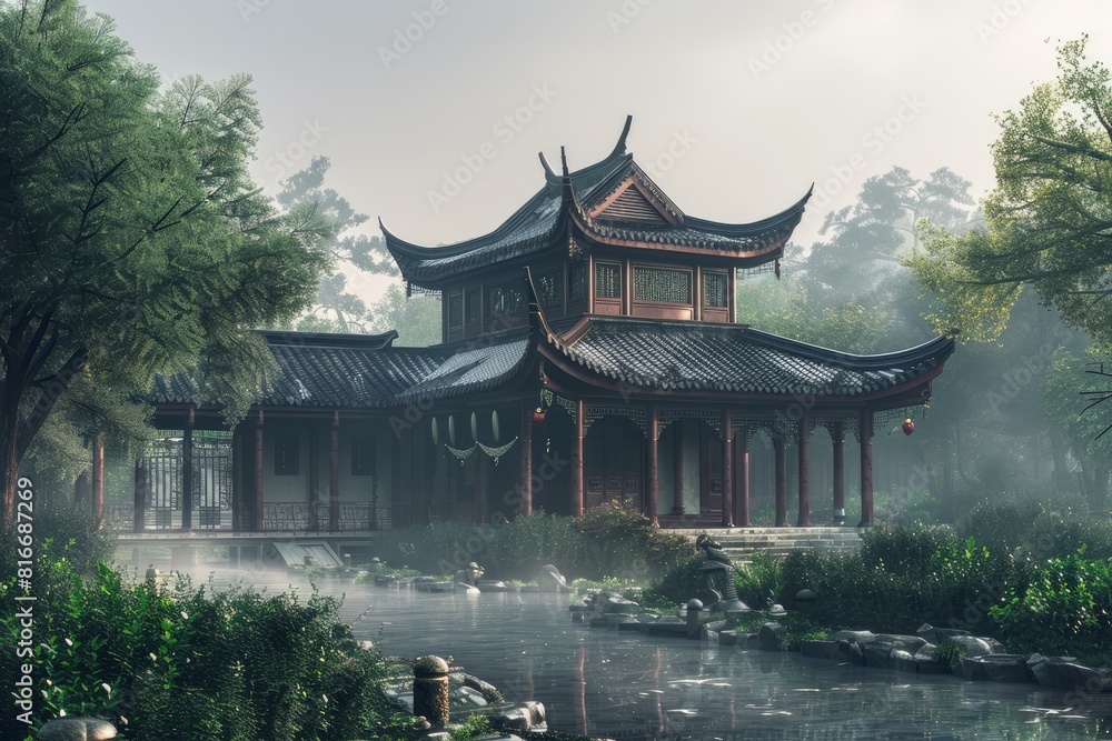 Serene morning scene with an asianstyle pavilion beside a calm, misty lake surrounded by lush greenery