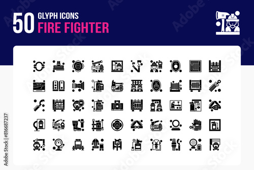 Set of 50 Fire Fighter icons related to Fire fighter, Fire Station, Fire Truck, Fire Hose Glyph Icon collection