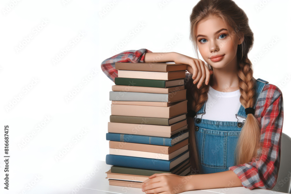 girl with a stack of books on a white background girl with a stack of books on a white background