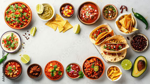 Mexican traditional food on light background top view
