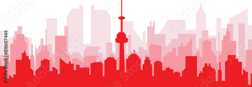 Red panoramic city skyline poster with reddish misty transparent background buildings of TORONTO, CANADA