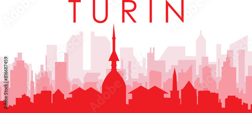 Red panoramic city skyline poster with reddish misty transparent background buildings of TURIN, ITALY